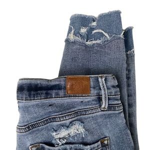 BDG The Twig High Rise Jeans Size 31 Skinny Destroyed Knees Hem Patches